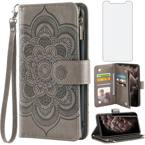 KALANKA-Coque pour iPhone 11 Pro Portefeuille avec Verre Trempé et Porte Carte Chaine PU Cuir à Clapet Mandala Étui Housse Support i 11Pro Fleur Vitre Protection Protege Téléphone Case Femme Gris