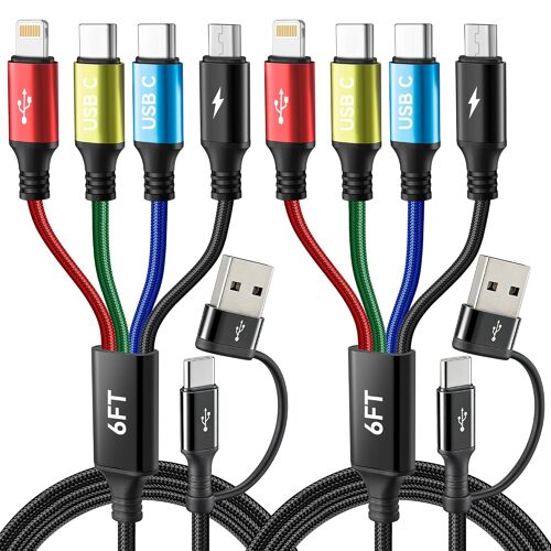 KALANKA-Câble de Chargeur Double USB-C, Câble de Charge 4 en 2 [Lot de 2 1,8M] Câble de Charge Rapide USB C/A vers 2*USB-C+Lightning+Micro, Câble de Recharge Tressé pour iPhone/Galaxy/Android/Tablett