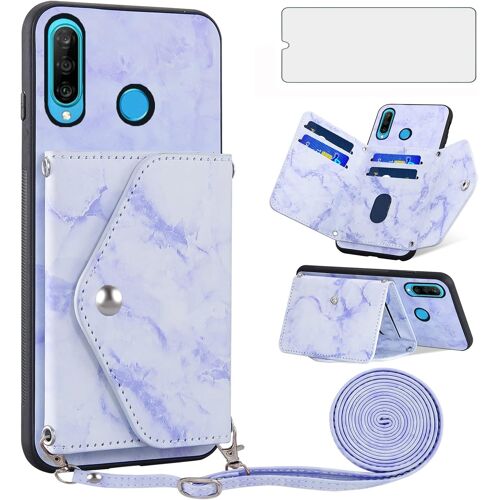 KALANKA-Coque pour Huawei P30 Lite avec Cordon et Verre Trempé Protecteur D'écran Rabat Support Cuir Porte Carte Portefeuille Étui HuweiP30Lite Hawaii P 30 Nova 4E MAR-LX1A MAR-LX1B Cover Case Bleu