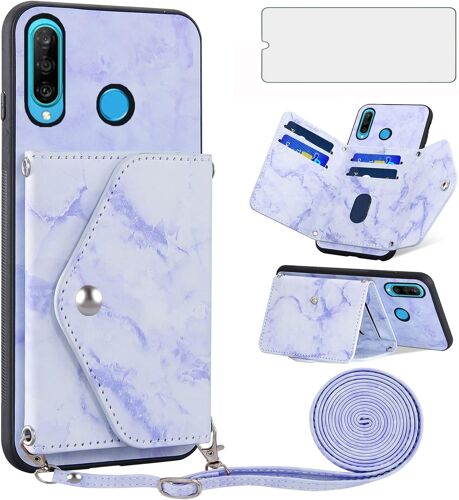 KALANKA-Coque pour Huawei P30 Lite avec Cordon et Verre Trempé Protecteur D'écran Rabat Support Cuir Porte Carte Portefeuille Étui HuweiP30Lite Hawaii P 30 Nova 4E MAR-LX1A MAR-LX1B Cover Case Bleu