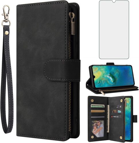 KALANKA-Coque pour Huawei Mate 20 Portefeuille avec Verre Trempé et Porte Carte Chaine PU Cuir à Clapet Étui Housse Support Hawaii Mate20 HMA-L29 Vitre Protection Téléphone Case Femme Homme Noir