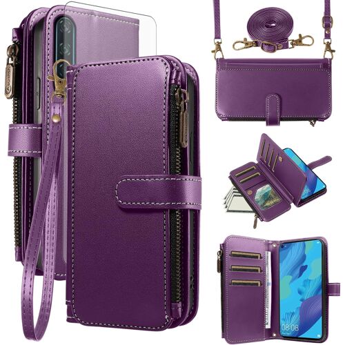 KALANKA-Coque pour Huawei Nova 5T/Honor 20 Portefeuille avec Verre Trempé et Cordon Porte Carte Chaine PU Cuir à Clapet Housse Support Hawaii Honor20 Pro 20S T5 YAL-L21 Téléphone Case Violet Intense