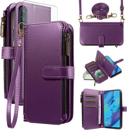 KALANKA-Coque pour Huawei Nova 5T/Honor 20 Portefeuille avec Verre Trempé et Cordon Porte Carte Chaine PU Cuir à Clapet Housse Support Hawaii Honor20 Pro 20S T5 YAL-L21 Téléphone Case Violet Intense