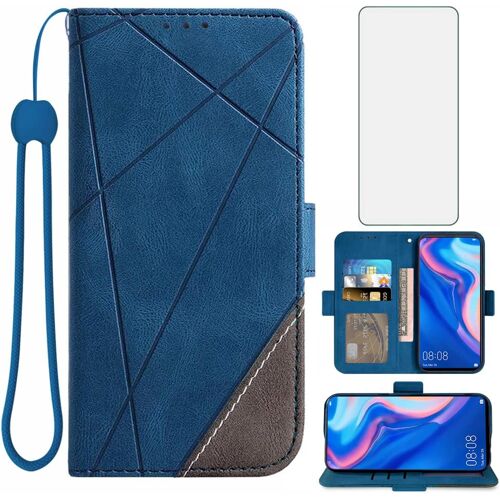 KALANKA-Coque pour Huawei P Smart Z/Honor 9X avec Verre Trempé Rabat Support Cuir Porte Carte Portefeuille Étui Hawaii Y9 Prime 2019 STK-L21 STK-LX1 Housse Phone Cover Case Bleu