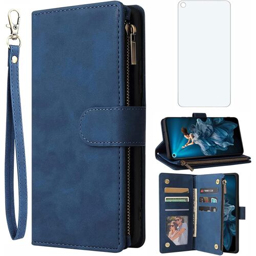 KALANKA-Étui portefeuille en verre trempé pour Huawei Nova 5T / Honor 20 avec protection d'écran et support pour cartes et téléphone portable Hawaii Hwauei T5 5 T Nova5T Honor20 - Bleu