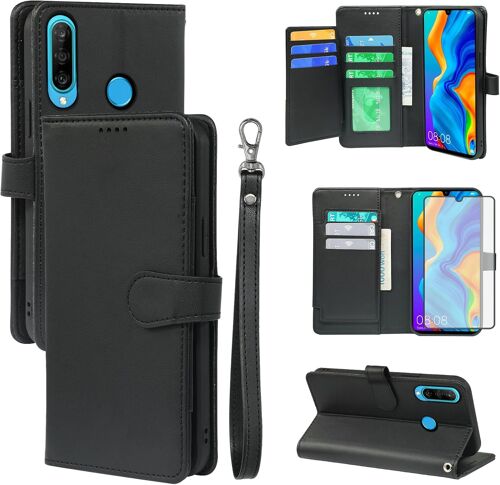 KALANKA-Étui de téléphone pour Huawei P30 Lite/Nova 4E - Étui portefeuille et protection d'écran en verre trempé - Porte-cartes en cuir - Emplacement pour cartes - Robuste - Accessoires pour téléphon
