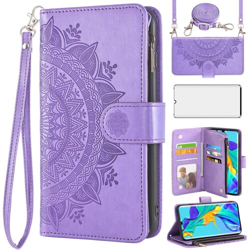 KALANKA-Coque de téléphone pour Huawei P30 Pro - Étui portefeuille à rabat avec protection d'écran en verre trempé et fleur mandala - Porte-cartes de crédit - Accessoires cellulaires en TPU - Violet
