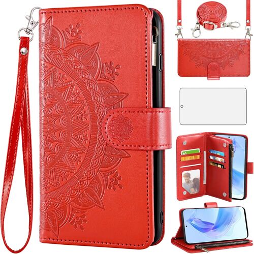 KALANKA-Coque de téléphone pour Huawei Honor X50i/90 Lite Portefeuille Flip Cover avec protection d'écran en verre trempé et fleur mandala cuir porte-cartes de crédit support cellulaire Hawaii X50