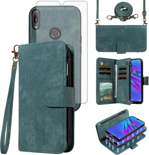 KALANKA-Coque de téléphone pour Huawei Y6 2019/Y6 Prime 2019/Y6s/Honor Play 8A/Honor8A, fermeture éclair, fermeture magnétique, amovible avec protection d'écran en verre trempé, bandoulière, emplacem