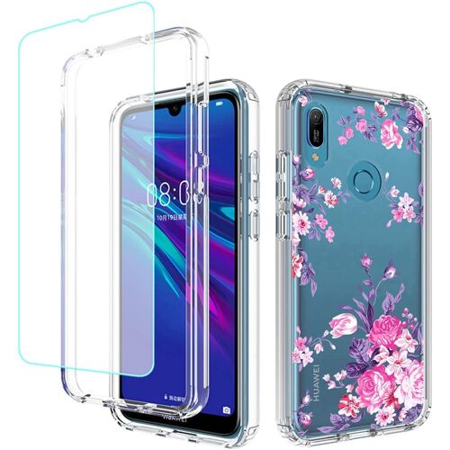 KALANKA-Coque pour Huawei Y6 2019/Y6 Prime 2019/Y6s/Honor 8A avec Protection d'écran en Verre trempé, Coque intégrale Antichoc en TPU Floral Souple Transparent pour Huawei Y6 2019 Rose