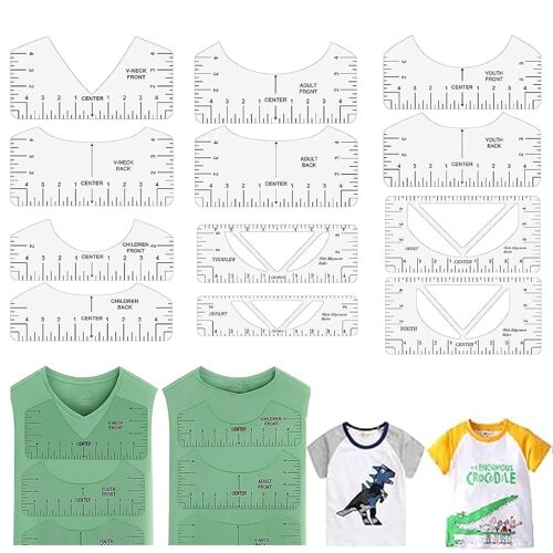 KALANKA-12 Pièces Outil de Mesure pour la Fabrication de T-shirts Règles D'alignement de T-Shirts DIY Col Rond et Col en V Règle Couture en PVC pour Dessin Outil Sur Mesure pour Vêtements de Bricolag