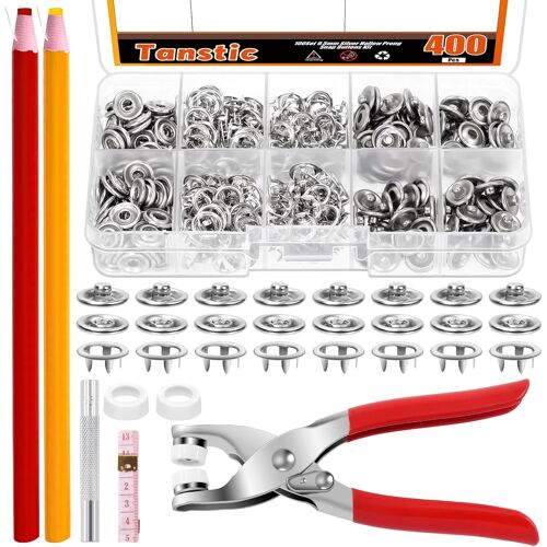 Kalanka-Lot De 407 Boutons Pression (100 Ensembles) Avec Pince De Fixation, Kit D'outils De Presse, 9,5 Mm En Métal Argenté Avec Pince De Fixation, Poinçon, Règle Souple, Marqueur Chinois Pour Coutur