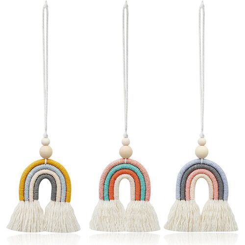 Kalanka-3 Pièce Pendentif Coton Arc-En-Ciel, Pendentif Voiture Arc-En-Ciel Tricoté, Accessoires D'intérieur Voiture, Décoration De Rétroviseur Pour Voiture(6.2x11.5cm)