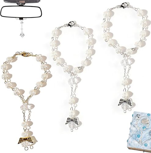 Kalanka-Lot De 3 Chapelets De Voiture Avec Pendentif Ange Gardien Et Sac Cadeau En Velours ¿ Chapelet Blanc Court Pour Rétroviseur, Ornement Suspendu Élégant Et Idée Cadeau Pour Conducteurs