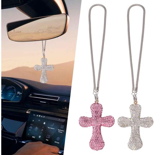 Kalanka-Lot De 2 Pendentifs En Forme De Croix Pour Rétroviseur, Strass Blancs Et Roses Avec Bord Incurvé, Pendentif Intérieur De Voiture Pour Homme Et Femme