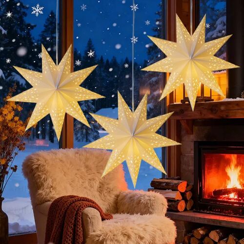 KALANKA-Lot de 3 étoiles en papier lumineuses de 45 cm, décorations de Noël, abat-jour pliable à 9 pointes, lanternes en papier à suspendre pour sapin de Noël/fenêtres/Noël/mariage/décoration de fête