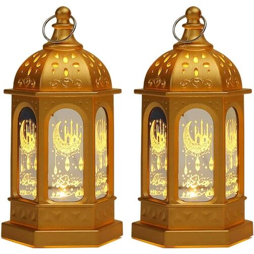 KALANKA-2PCS Ramadan Lampe Décorative, Lanterne de Décoration Ramadan, Eid Mubarak Ramadan LED Lantern, Musulman Ramadan Lanterne, pour Décoration de Bureau de la Maison Musulmane Eid Mubarak (Or)