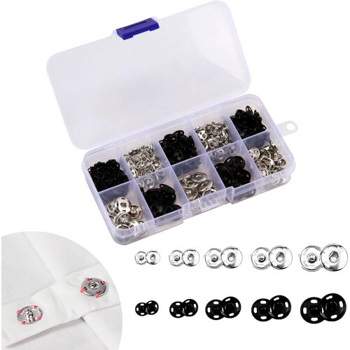 KALANKA-100 Paires Boutons Pression en Métal Noir et Argent, Coudre des Boutons, Tailles 12mm, 10mm, 8.5mm, 7.5mm, avec Boîte de Rangement Transparente pour Couture de Vêtements, Sacs à Main, et Proj