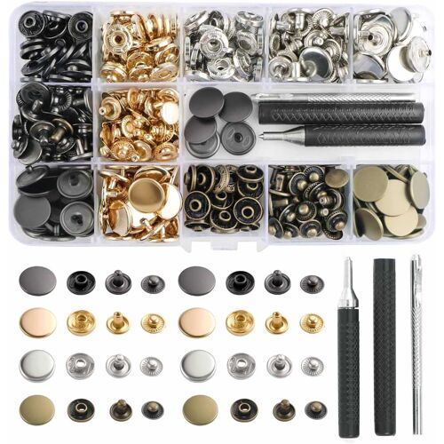 KALANKA-100 Sets Boutons-Pression en Métal de 4 Couleurs Avec Trousse à Outils 15mm Boutons Pression Metalliques pour Cuir Pressions Couture pour Vêtements Vestes Jeans Sacs Cuir de Bricolage