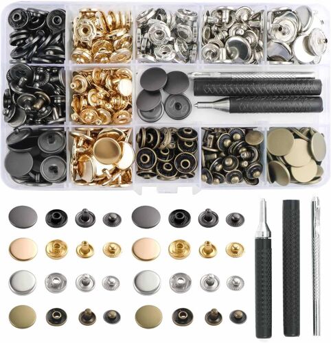 KALANKA-100 Sets Boutons-Pression en Métal de 4 Couleurs Avec Trousse à Outils 15mm Boutons Pression Metalliques pour Cuir Pressions Couture pour Vêtements Vestes Jeans Sacs Cuir de Bricolage