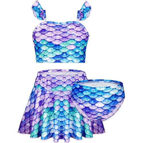 KALANKA-3 Pièces Maillot de Bain Fille,Maillot De Bain Enfant Fille à Volants, Eté Shorty Top Jupe Maillot de Bain de Maillot Bikini,Hawaïenne Ensemble Sport Plage été Cosplay-120