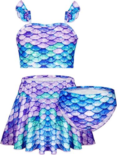 KALANKA-3 Pièces Maillot de Bain Fille,Maillot De Bain Enfant Fille à Volants, Eté Shorty Top Jupe Maillot de Bain de Maillot Bikini,Hawaïenne Ensemble Sport Plage été Cosplay-120