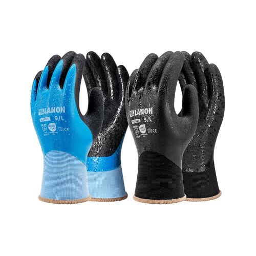 KALANKA-LANON Gants de Travail Imperméables, 2 Paires Latex Gants pour Hommes et Femmes, Double Revêtement en Caoutchouc, Antidérapants, Bleu & Nior, Taille M/8