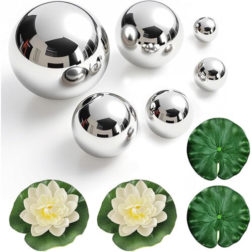 KALANKA-Lot de 6 Boules décoratives, Boules flottantes, Boules de Jardin, Argent, Acier Inoxydable avec 4 Feuilles de Lotus flottantes, Fleurs flottantes, pour Mini Bassin