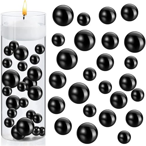 KALANKA-Faux Perle 150 Perles Flottantes Perles 10/14/20MM pour Remplissage de Vase Perle Brillante Sans Trou Tailles Mixtes Perles en Vrac en Plastique, pour Bijoux DIY (Noir)