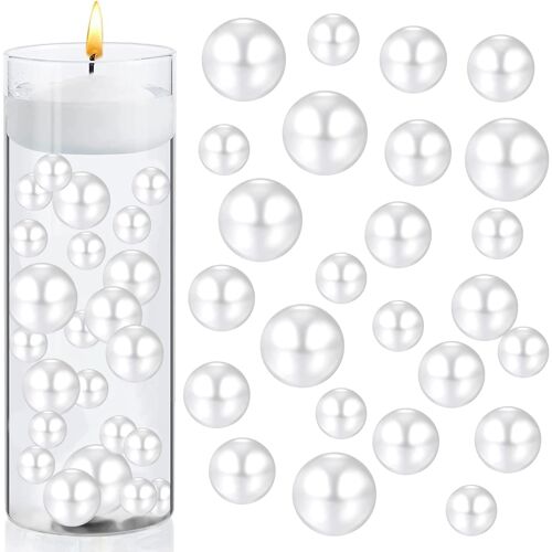 KALANKA-Faux Perle 160 Perles Flottantes Perles pour Remplissage de Vase Perle Brillante Sans Trou Tailles Mixtes Perles en Vrac en Plastique, pour Bijoux DIY, 8/14/18mm (Blanc)