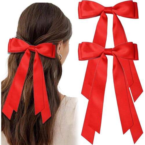 Kalanka-2pcs Rouge Cheveux Clips Arc, Grand Double Satin Cheveux Longue Queue Soie Doux Bowknot Pour Les Femmes Filles, Accessoires Des Années 90 Pour La Fête De La Saint-Valentin 