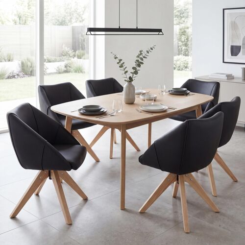 Lot de 6 chaises de salle à manger HWC-Q52, chaises de cuisine, chaises pivotantes, chaises rembourrées, chaises de table à manger, pivotantes, en bois et similicuir   noir
