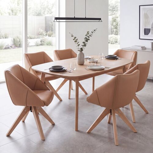 Lot de 6 chaises de salle à manger HWC-Q52, chaises de cuisine, chaises pivotantes, chaises rembourrées, chaises de table à manger, pivotantes, en bois et similicuir   marron clair