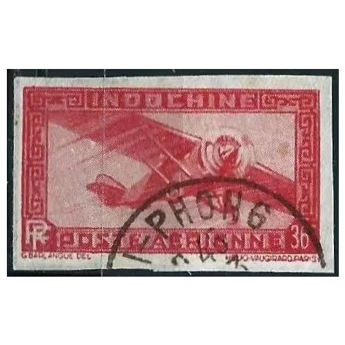 Indochine, Actuel Vietnam, Colonie Française 1942 / 44, Beau Timbre Rare De Poste Aérienne Yvert 29a Entier Postal - Non Dentelé, Avion Monomoteur 36c. Rose Carminé, Oblitéré, Tbe.