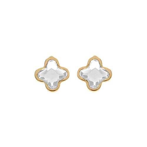 Boucles D'oreilles Tige Argent Doré Trèfle Cristal Blanc