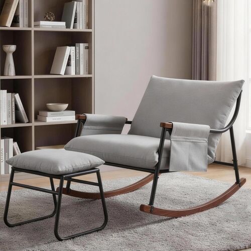 Fauteuil à Bascule, Fauteuil Lounge Adulte avec Repose-Pieds, Fauteuil Nordique en Tissu, Accoudoirs en Bois Massif, pour Salon, Balcon, Chambre, Jardin, Poche latérale, Tissu Technique