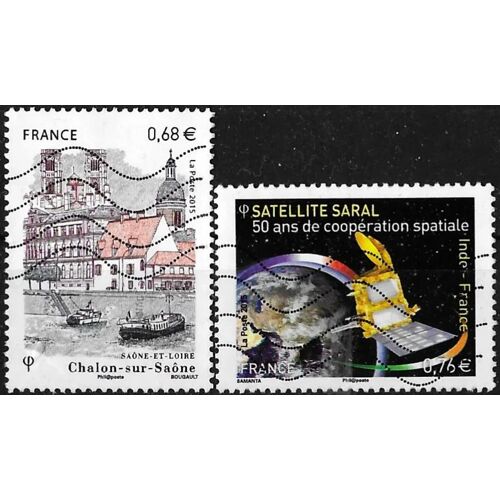 France 2015, Beaux Timbres Yvert 4945, Emission Commune France / Inde 50 Ans De Coopération Spatiale, Satellite Saral Et 4947, Chalons Sur Saône, Cathédrale Saint Vincent, Oblitérés, Tbe