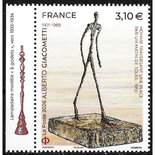 France 2026 Timbre Luxe Yvert 5948 Avec Vignette De Bord De Feuille, 60ème Anniversaire De La Mort De Alberto Giacometti (1901-1966), Sculpteur Et Peintre Suisse.