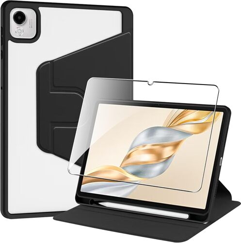 KALANKA-Coque Rotatif pour Honor Pad X9a Étui à Rabat Style Livre avec Porte Pencil+[1 Pièces] Verre Trempé Protection écran, Protection Housse Cover Transparent Rotative à 360 Degrés-Noir