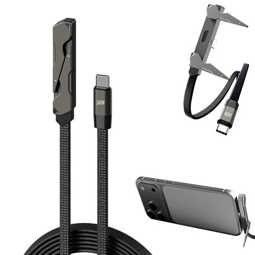 KALANKA-2m Trépied Smartphone, Cable Multi Chargeur, 240W cable charge rapide,Général 2 en 1 Câble de chargeur à support invisible avec support,Chargeur de téléphone latéral pour smartphones et table