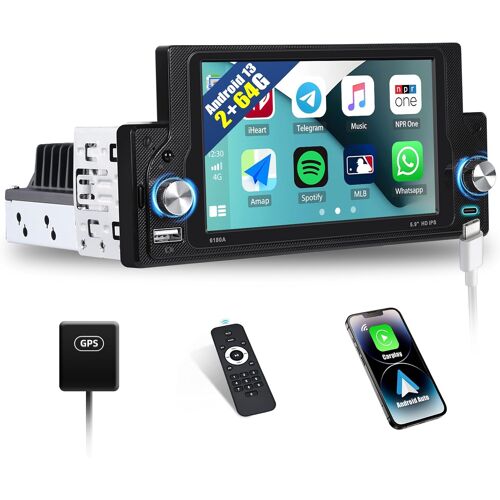 Sixwin 2+64g Android 13 Autoradio 1 Din Avec Carplay&Android Auto,5.9 Pouces Écran Tactile Avec Wifi/Gps/Bluetooth/Fm/Rds/Eq/Type-C/Usb/Swc