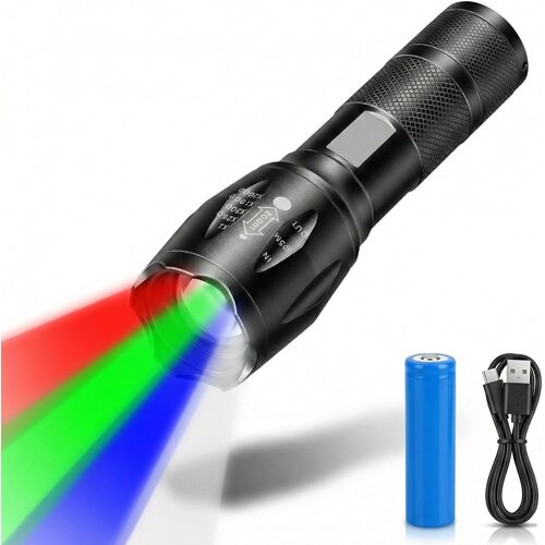 KALANKA-Lampe torche LED rechargeable 4 en 1 rouge, vert, bleu, blanc, super lumineuse, mise au point réglable, 4 modes d'éclairage, lampe de poche étanche pour urgence, pêche, camping, randonnée,