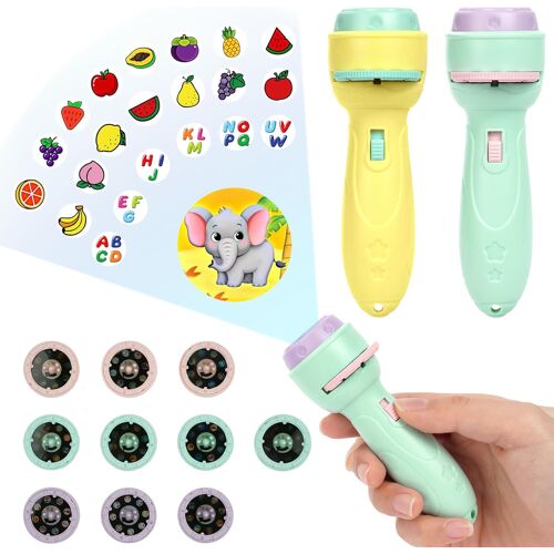Kalanka-Lampe Torche Et Projecteur Animaux, 2 Pcs Jouet Lampe De Poche Projecteur Histoire, Mini Projecteur Histoire Enfant Avec 20 Disques 160 Images, Jouet Éducatif Pour Garçons Et Filles-Vert+Jaun