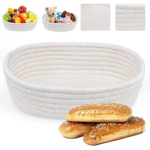 KALANKA-Corbeille à Pain Tressée Panier de Rangement Ovale Panier à Pain Panier Tissé en Corde de Coton Petit Panier Rangement Corbeille de Fruits Pain Blanc Cassé pour Cuisine, Salle à Manger