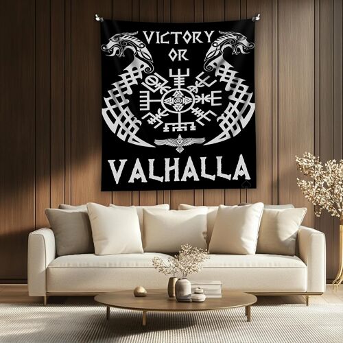 KALANKA-Tapisserie murale - Décoration Viking - Valhalla Vegvisir - Mythologie nordique - Symboles mystiques - Runes - Noir et blanc - 150 x 100 cm