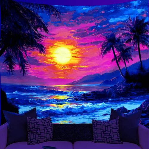 KALANKA-Tapisserie Murale Fluorescente Coucher de Soleil Tropical Sur la Plage Réactive aux UV Paysage Marin Esthétique Affiche Noire Lumineuse pour Décor de Maison Arrière Plan de Fête 150x130cm