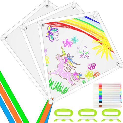 KALANKA-Lot de 3 kits de bricolage pour cerf-volant - Avec voile de dragon, queues de dragon, cordon de dragon et poignée, cerf-volant à peindre soi-même - Pour garçons et filles - Bricolage créatif