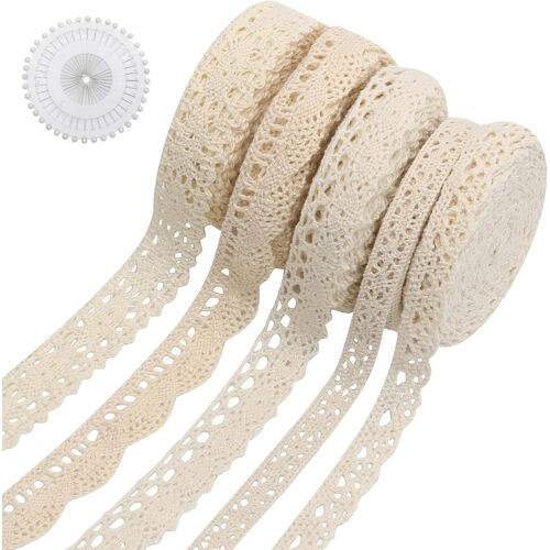 Kalanka-Lot De 5 Rubans Dentelle Vintage Beige Avec Épingles À Tête Ronde, Ruban Décoratif Rétro Pour Emballage Cadeaux, Mariage, Décoration Maison Et Diy Bricolage