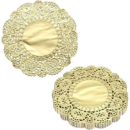 KALANKA-50pcs Napperons en Dentelle 3.5 inch Ronds Dorés Jetables - Papiers Absorbants à Fleurs Ajourées pour Décoration de Gâteaux, Desserts, Mariages, Anniversaires
