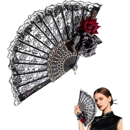 KALANKA-Éventail en dentelle pour Halloween, éventail pliable espagnol vintage, motif rose en dentelle brodée, parfait pour les fêtes costumées, les accessoires photo, la danse, les décorations et le